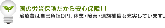 国の労災保険だから安心保障！！治療費は自己負担0円、休業・障害・遺族補償も充実しています。